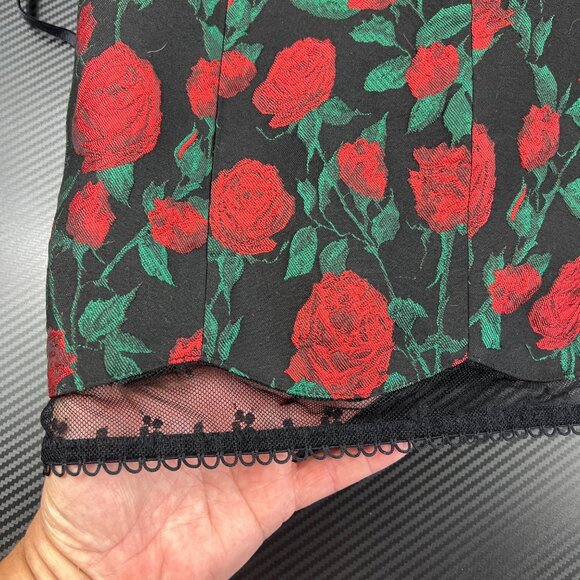 For Love & Lemons Black & Red Rose Print Mini Dress Size Med Lace-Up WhimsiGoth - Picture 9 of 12